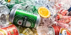 A can of Heineken beer on ice