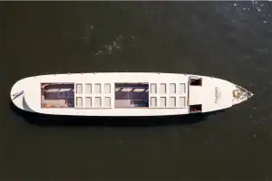 Top view of the Titanic saloon boat with the roof hatches open