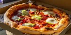 Pizza in einer Schachtel auf dem Pizzaboot Amsterdam