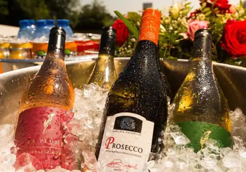 Fles prosecco naast andere drank in een schaal met ijs