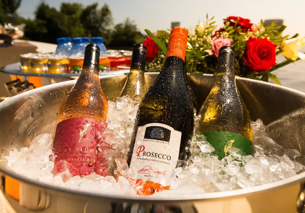 Flessen wijn en prosecco in ijs